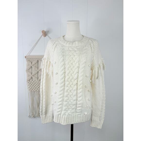 Cupcakes & Cashmere Angie Sweater Size Large White Ivory Fringe Pom Detail - Picture 4 of 12